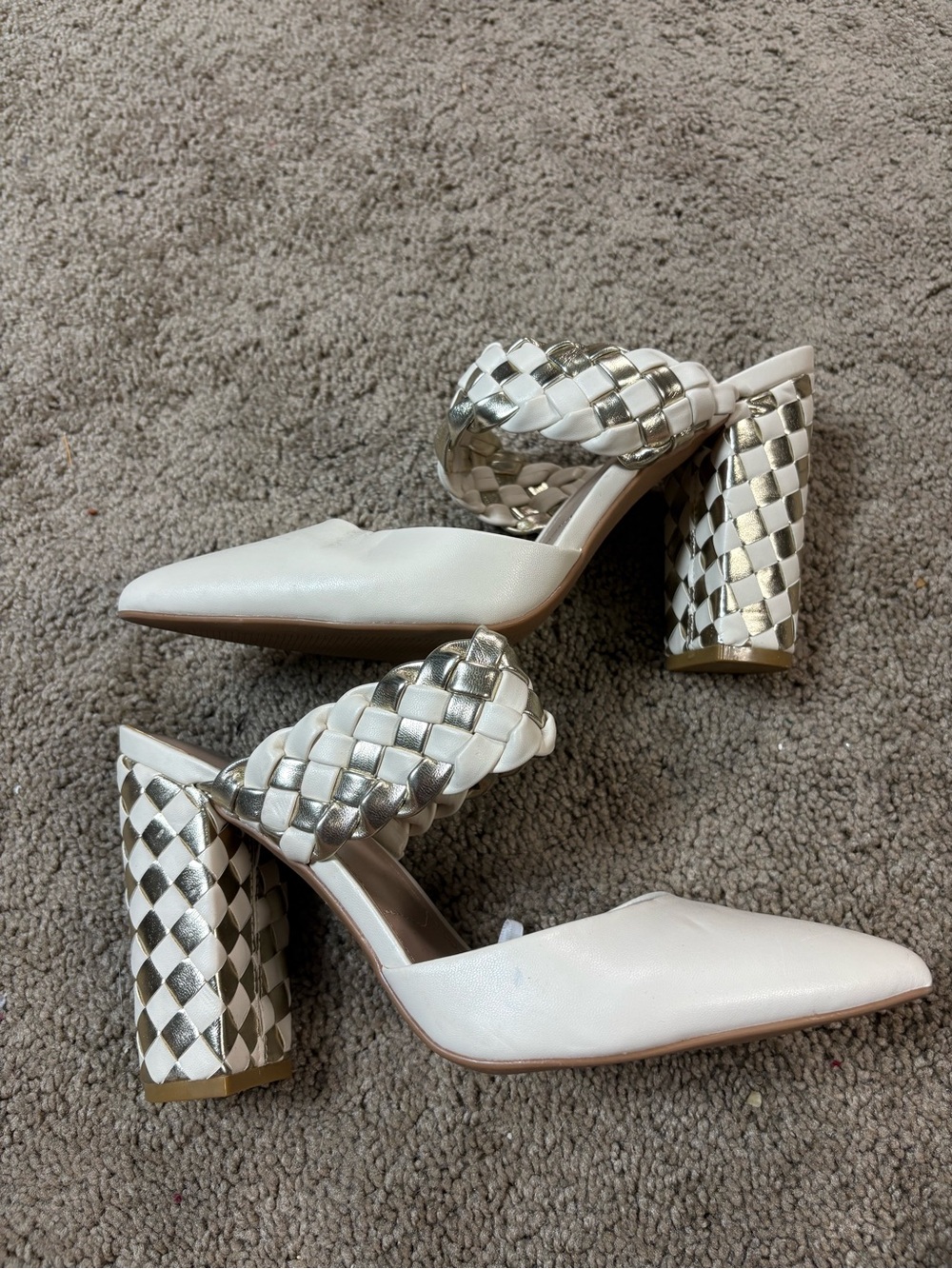 Charles By Charles David White and Silver Braided Block Heel Mules